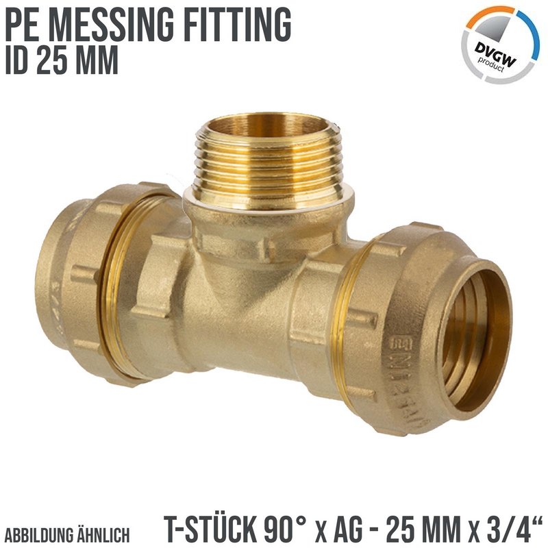 25 mm x 3/4" PE Fitting Klemm Verbinder Messing Verschraubung Muffe T-Stück 90° x AG DVGW - PN 16 bar