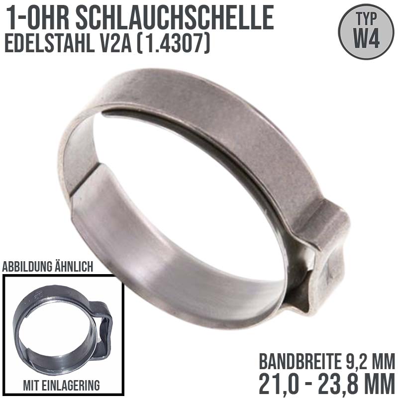 21,0 - 23,8 mm 1-Ohr Doppel Schlauch Schelle Einlagering Edelstahl 1.4307 W4 - Bandbreite 9,2 mm