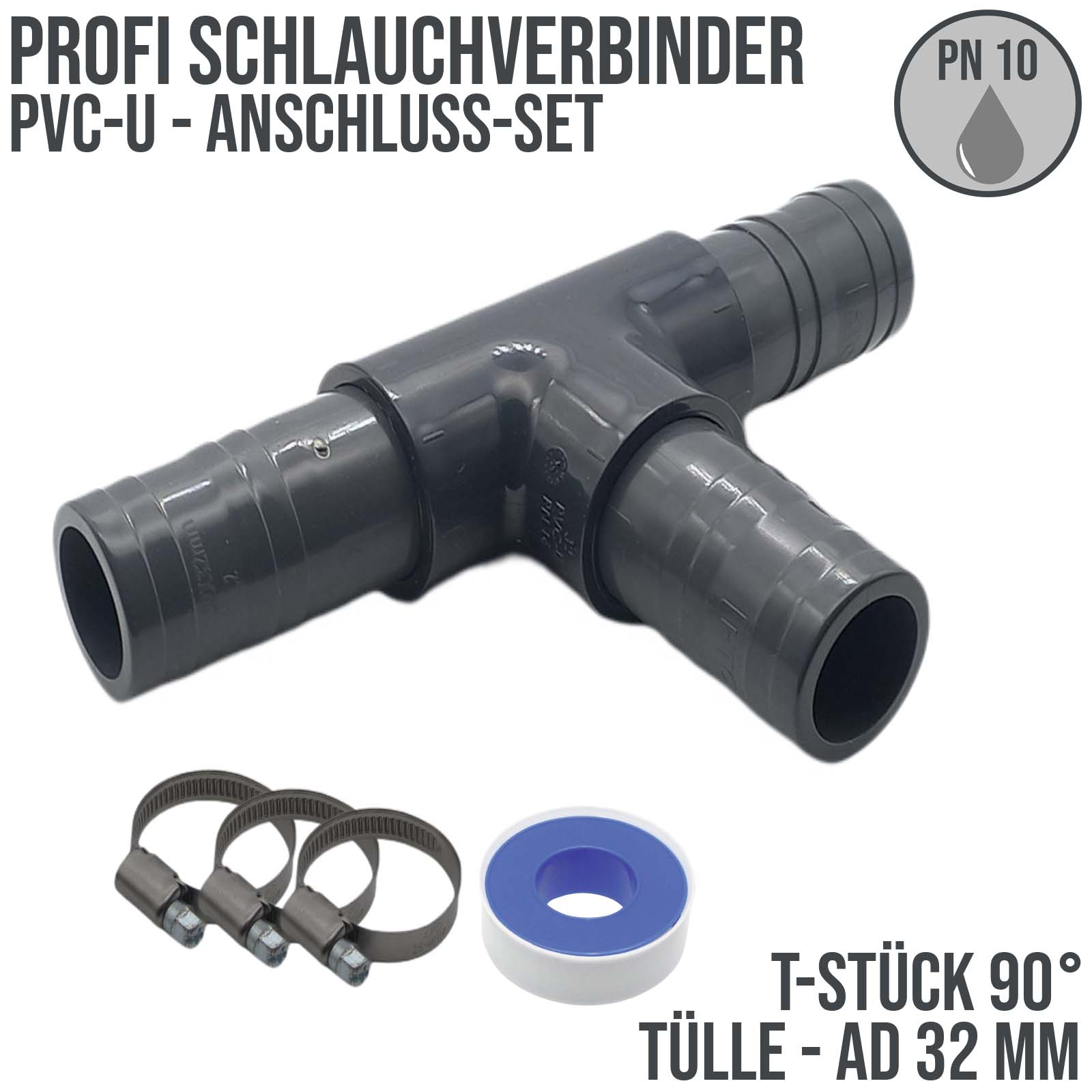 32 mm PVC PROFI T-Stück 90° Schlauch Verbinder Stutzen Tülle Pool Teich Garten - PN 10 bar - Montage-Set