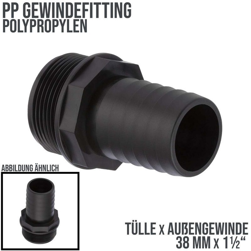 38 mm x 1 1/2 " PP Gewinde Fitting Schlauch Tülle Stutzen Außengewinde AG - PN 6 bar