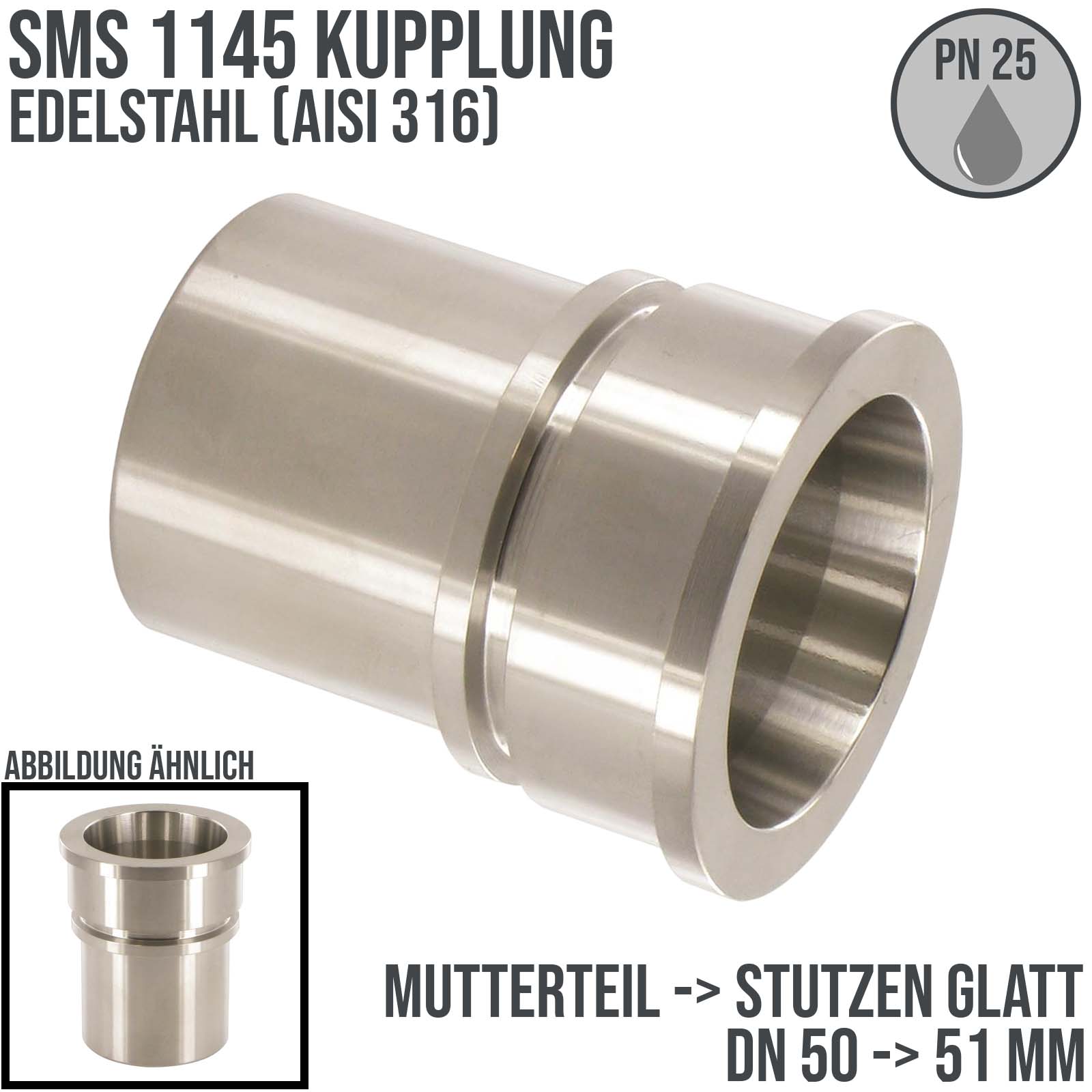 DN 50 SMS Kupplung 1145 Mutterteil MT Außengewinde Sicherungsbund - Stutzen glatt 50 mm - PN 25 bar