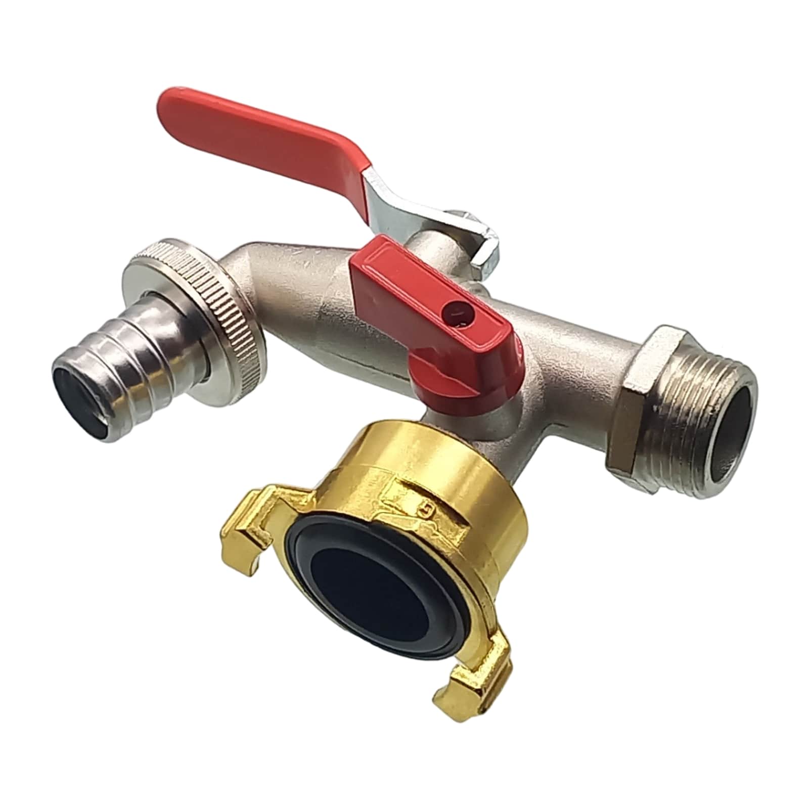 3/4" Messing Auslauf Ventil Hahn 2-fach Auslass 19 mm Tülle Schnellkupplung PN 10 bar