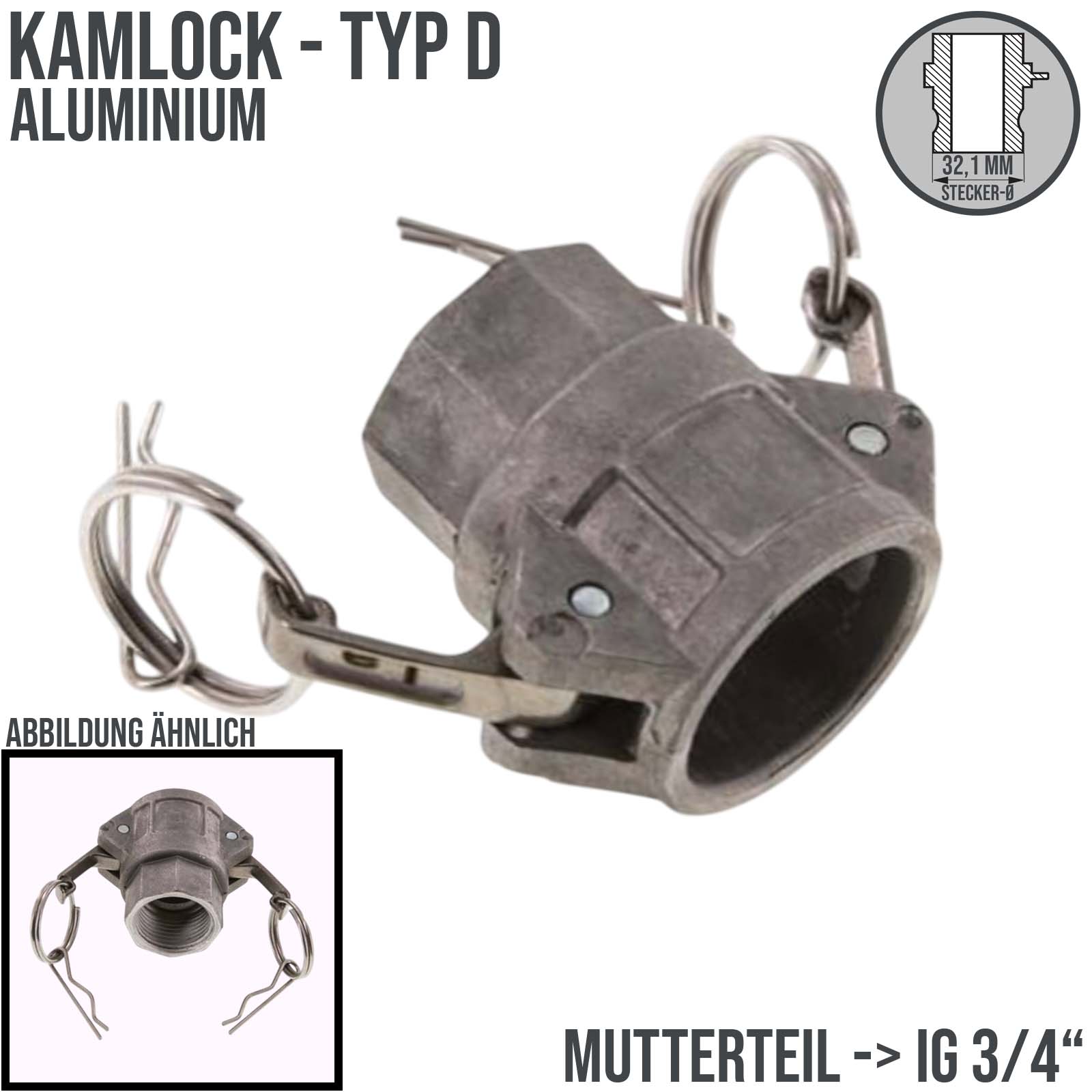 Kamlock Typ D - Mutterteil Aluminium ALU mit Innengewinde (IG) für Stecker 32,1 mm - 3/4" Zoll DN19 DN20 - PN 10 bar
