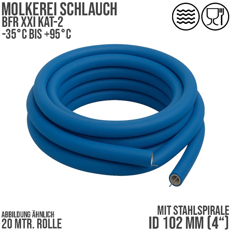 102 mm 4" Molkerei Milch Lebensmittel Schlauch Stahlspirale BfR FDA NBR NVC blau weiß - PN 10 bar - 20 m Rolle