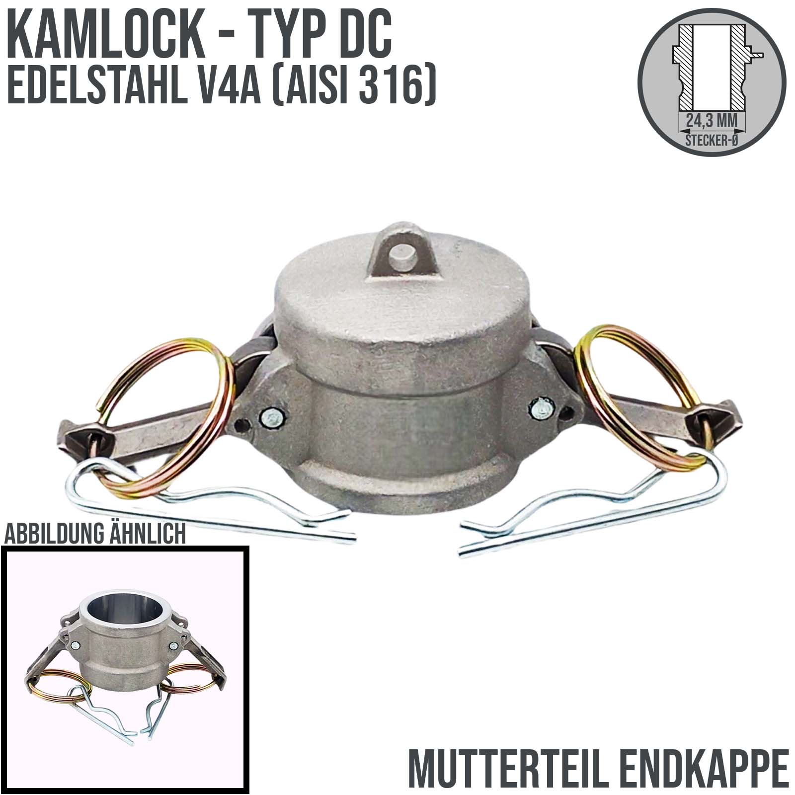 Kamlock Typ DC - End Kappe Edelstahl V2A (AISI 316) Stopfen Verschluss 24,3 mm 1/2" Zoll DN13 DN15 - PN 10 bar