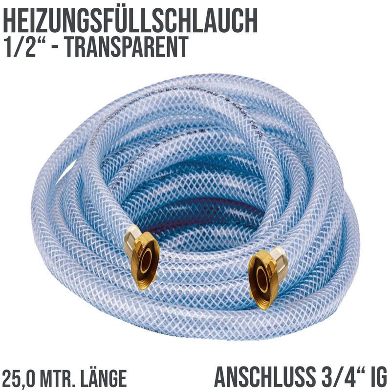 25 m Heizungs Füll Wasser Heizkörper Radiator Sanitär Schlauch transparent 3/4" Anschluss - PN 8 bar
