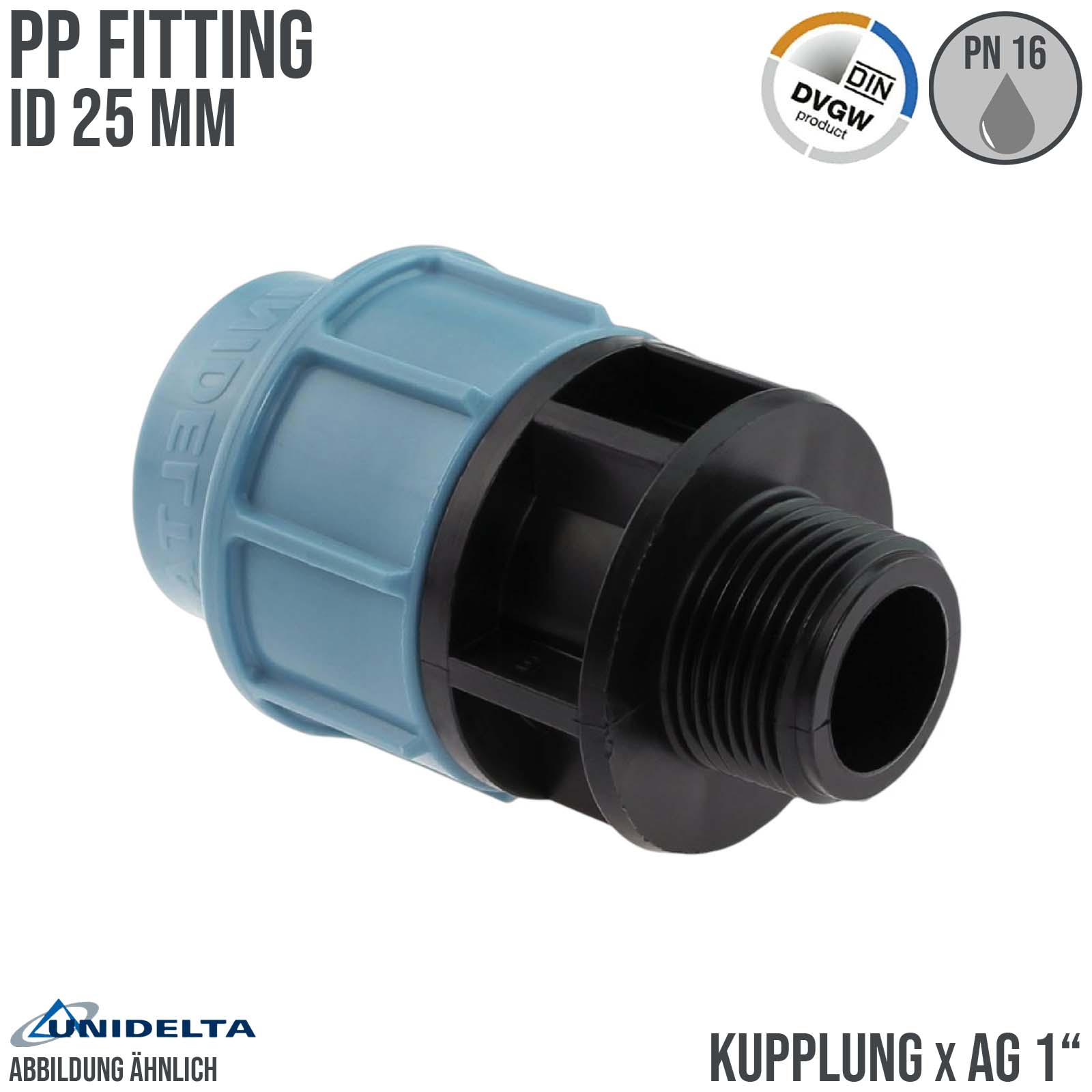 25 mm x 1" PE PP Fitting Klemm Verbinder Verschraubung Muffe Rohr Kupplung x AG DVGW - Unidelta