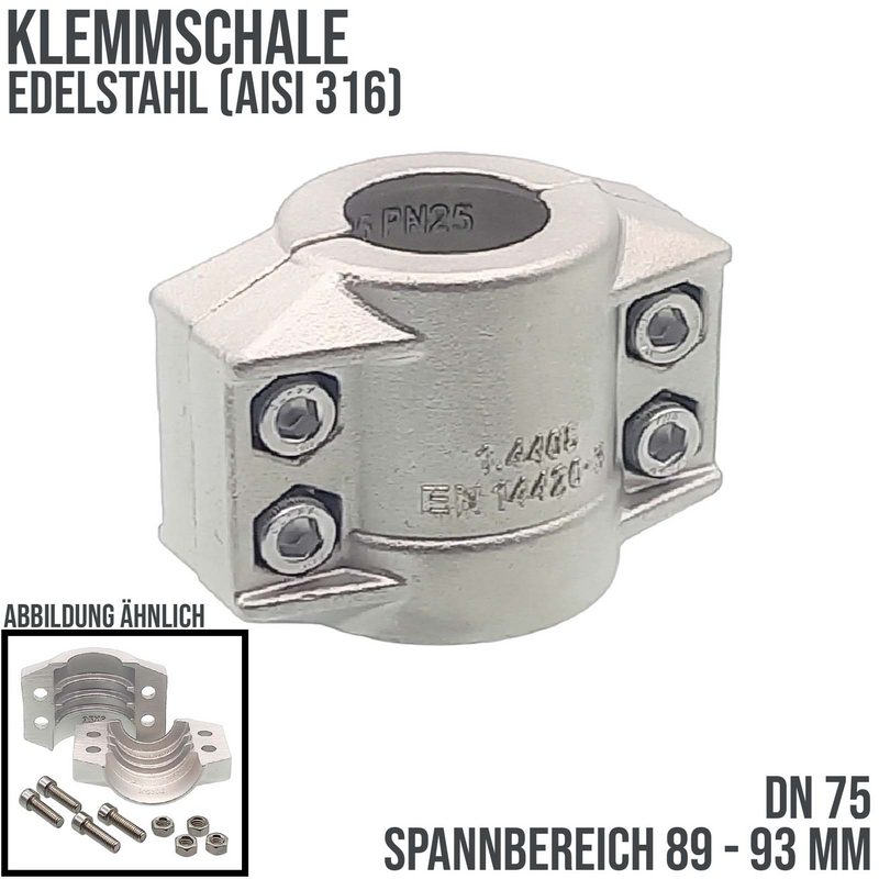 DN 75 Klemmschale Edelstahl AISI 316 Spannbereich 89 - 93 mm für Schlauch ID x AD 75 x 91 mm - PN 25 bar