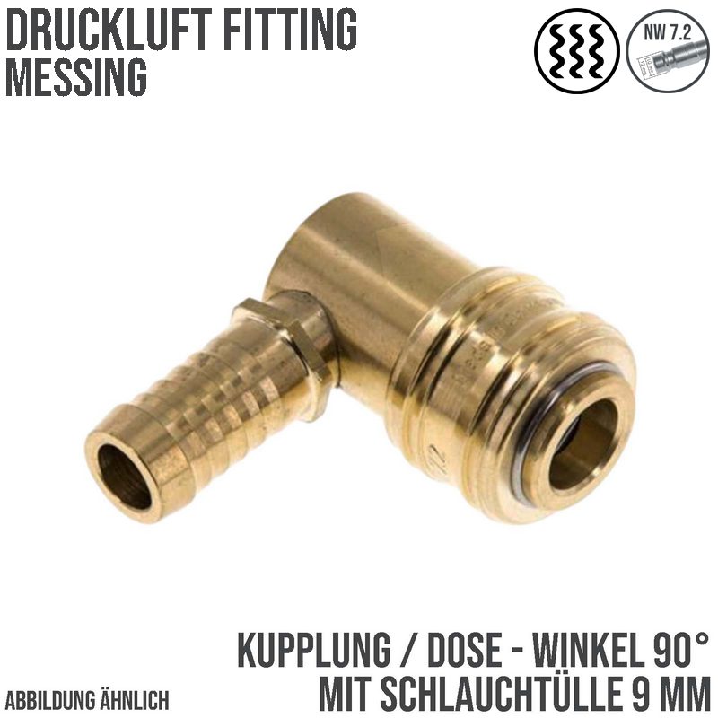 9 mm Druckluft Kupplung Dose Schnell Schlauch Winkel 90° Tülle Messing NW 7,2 LW - PN 35 bar