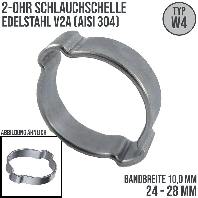 24 - 28 mm 2-Ohr Doppel Schlauch Schelle Edelstahl 1.4307 W4 - Bandbr. 10,0 mm