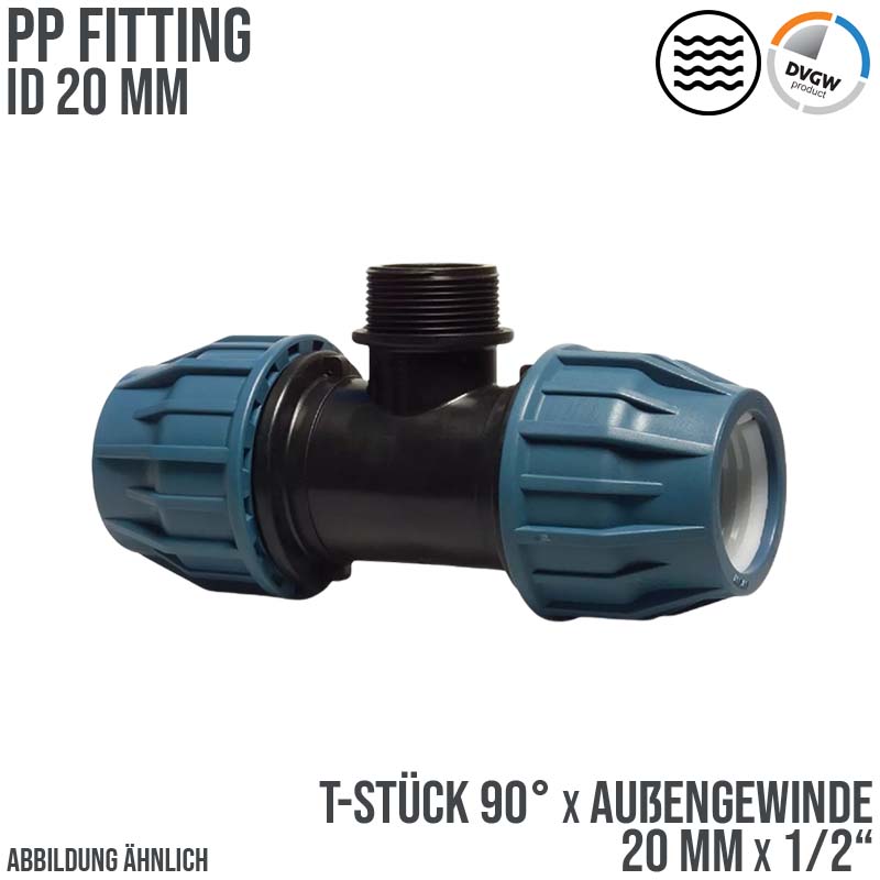 20 mm x 1/2" PE PP Fitting Klemm Verbinder Verschraubung Rohr T-Stück 90° x AG DVGW - PN 16 bar