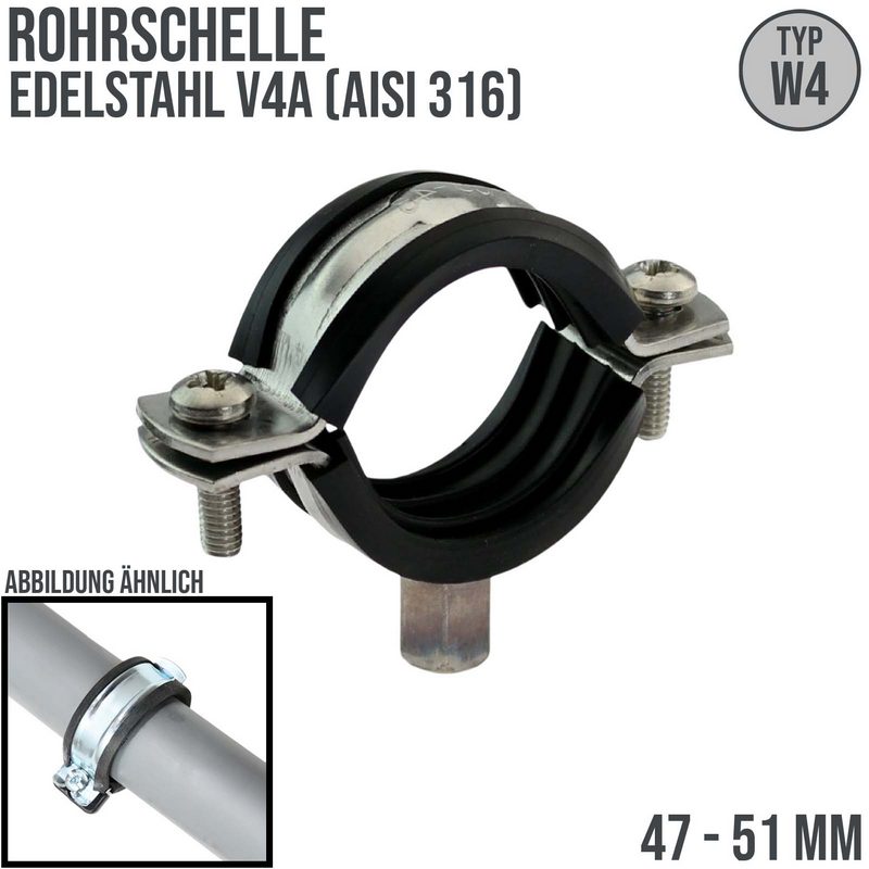 47 - 51mm Rohr Schraub Schelle Klemme mit Gummieinlage M8 M10 2-teilig Edeltahl AISI 316 DIN 4109