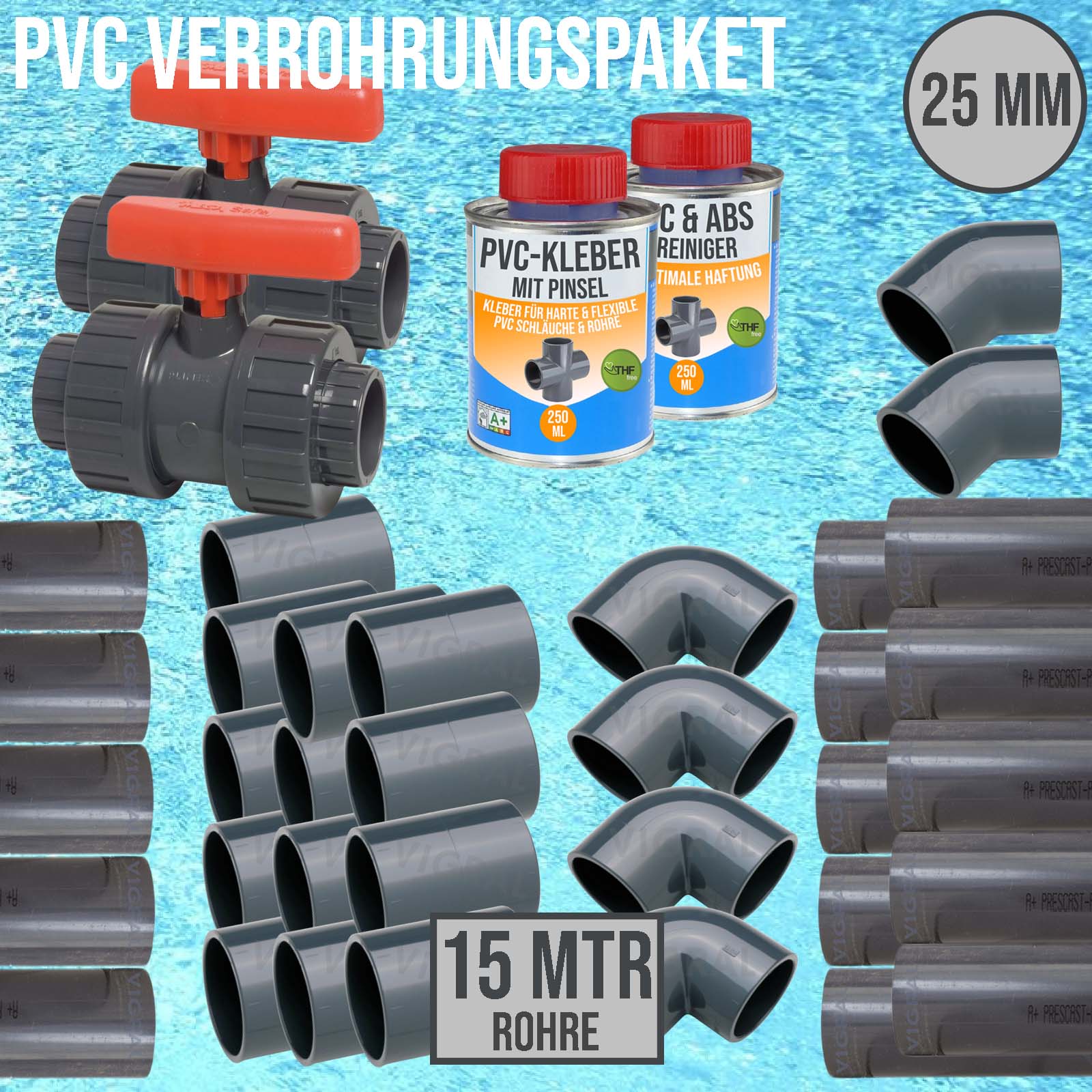 25 mm PVC Klebe Fittings Verrohrungspaket Pool Schwimmbad Schlauch Rohr FEST - 15 m - rot