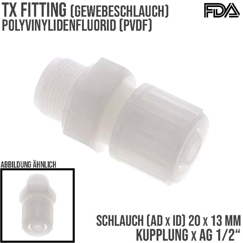 20 x 13 mm x 1/2" Kupplung Außengewinde TX Fitting Gewebe Schlauch Verbinder FDA PVDF weiß - PN 10 bar