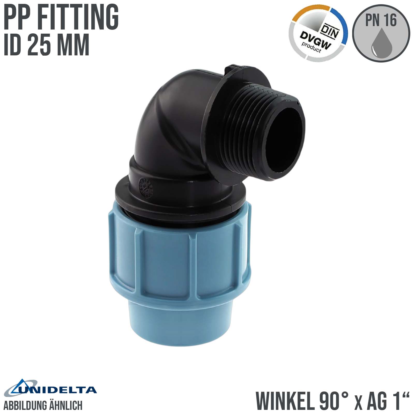 25 mm x 1" PE PP Fitting Klemm Verbinder Verschraubung Rohr Winkel 90° x AG DVGW - Unidelta 