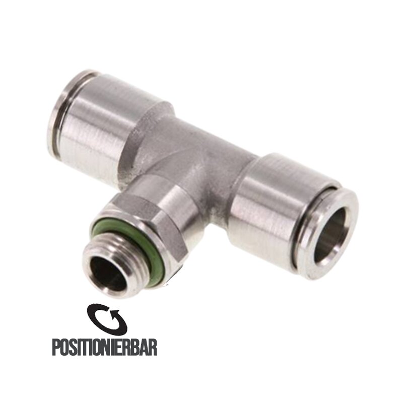 12 mm x 1/2" Pneumatik Steck Verbinder T-Stück 90° IQS Edelstahl VA 1.4404 Außengewinde zylindrisch - PN 15 bar