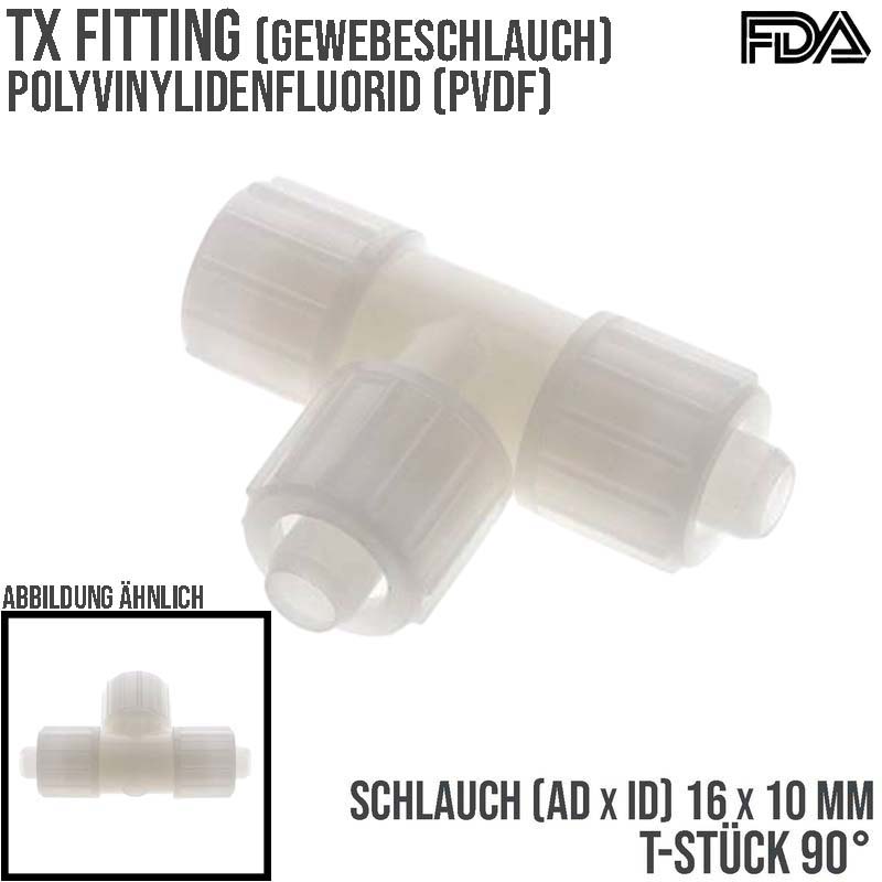 16 x 10 mm T-Stück 90° TX Fitting Gewebe Schlauch Verbinder FDA PVDF weiß - PN 10 bar
