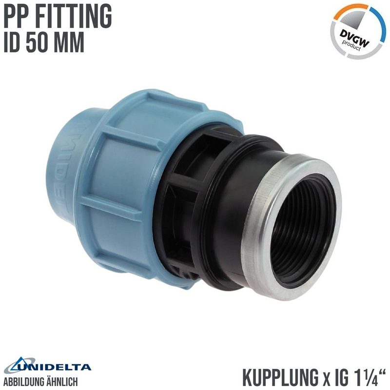 50 mm x 1 1/4" PE PP Fitting Klemm Verbinder Verschraubung Muffe Rohr Kupplung x IG DVGW - Unidelta