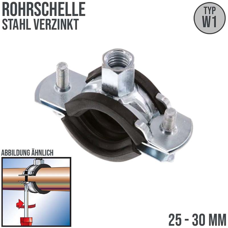 25 - 30 mm Rohr Schraub Schelle Klemme Gummieinlage Fischer M8 M10 2-teilig W1 Stahl verzinkt DIN 4109