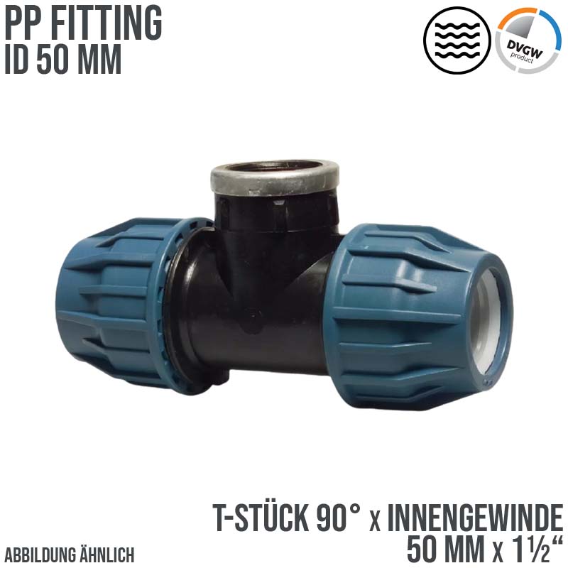 50 mm x 1 1/2" PE PP Fitting Klemm Verbinder Verschraubung Rohr T-Stück 90° x IG DVGW - PN 16 bar