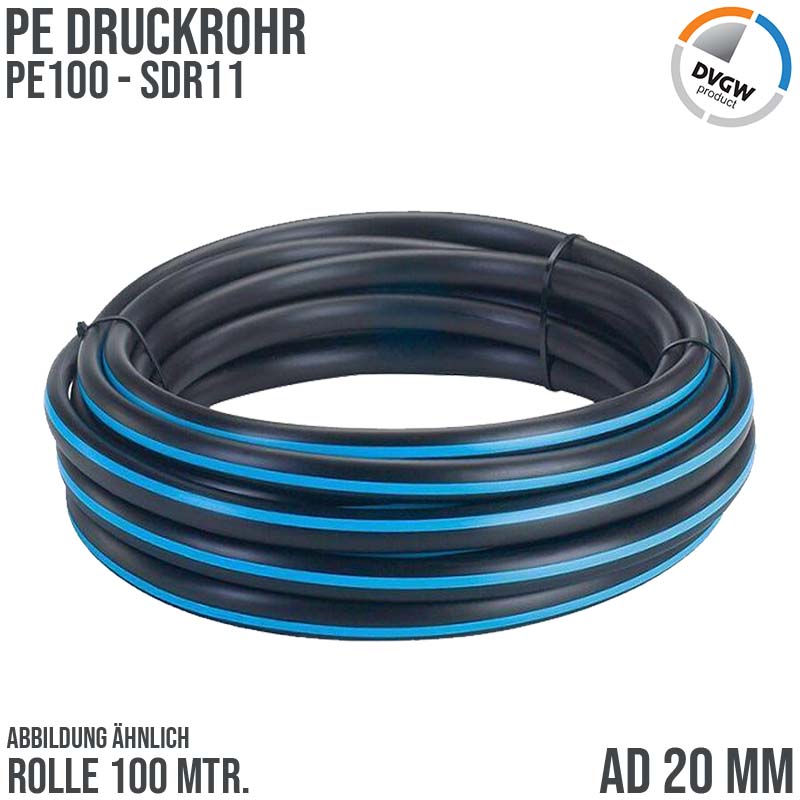20 x 2,0 mm PE PP Rohr HD Druckrohr Trink Brauch Wasser PE 100 DVGW SDR 11 PN 12,5 bar - 100 m Rolle