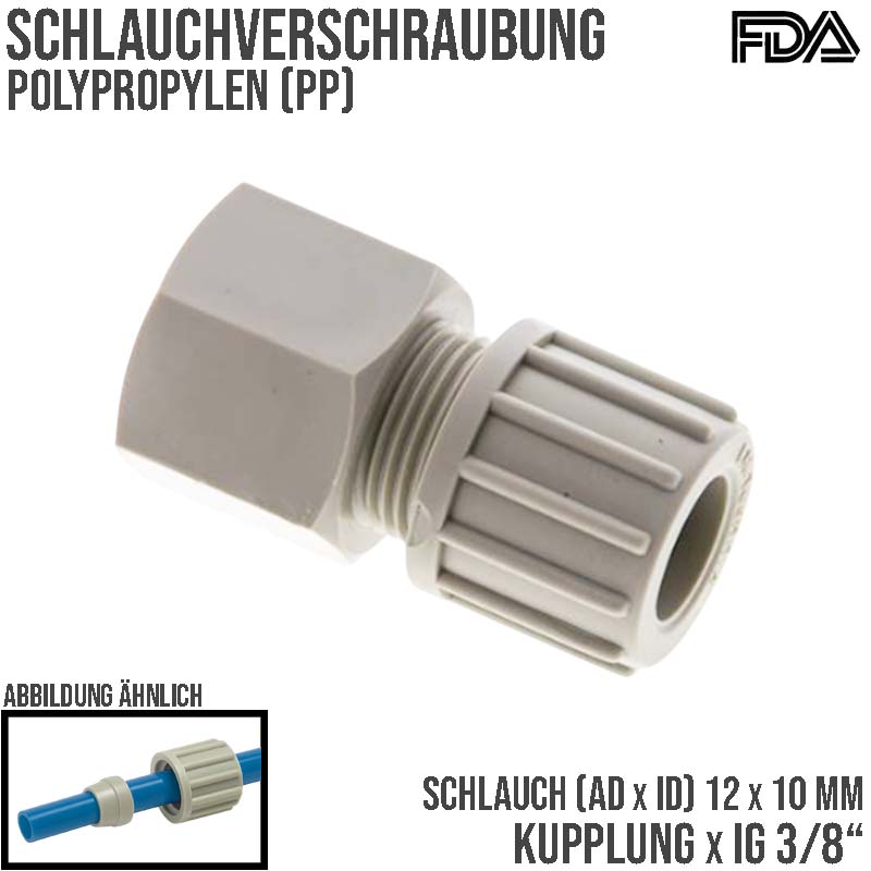 12 x 10 mm x 3/8" Kupplung Innengewinde PA PP Schlauch Verbinder FDA - PN 10 bar
