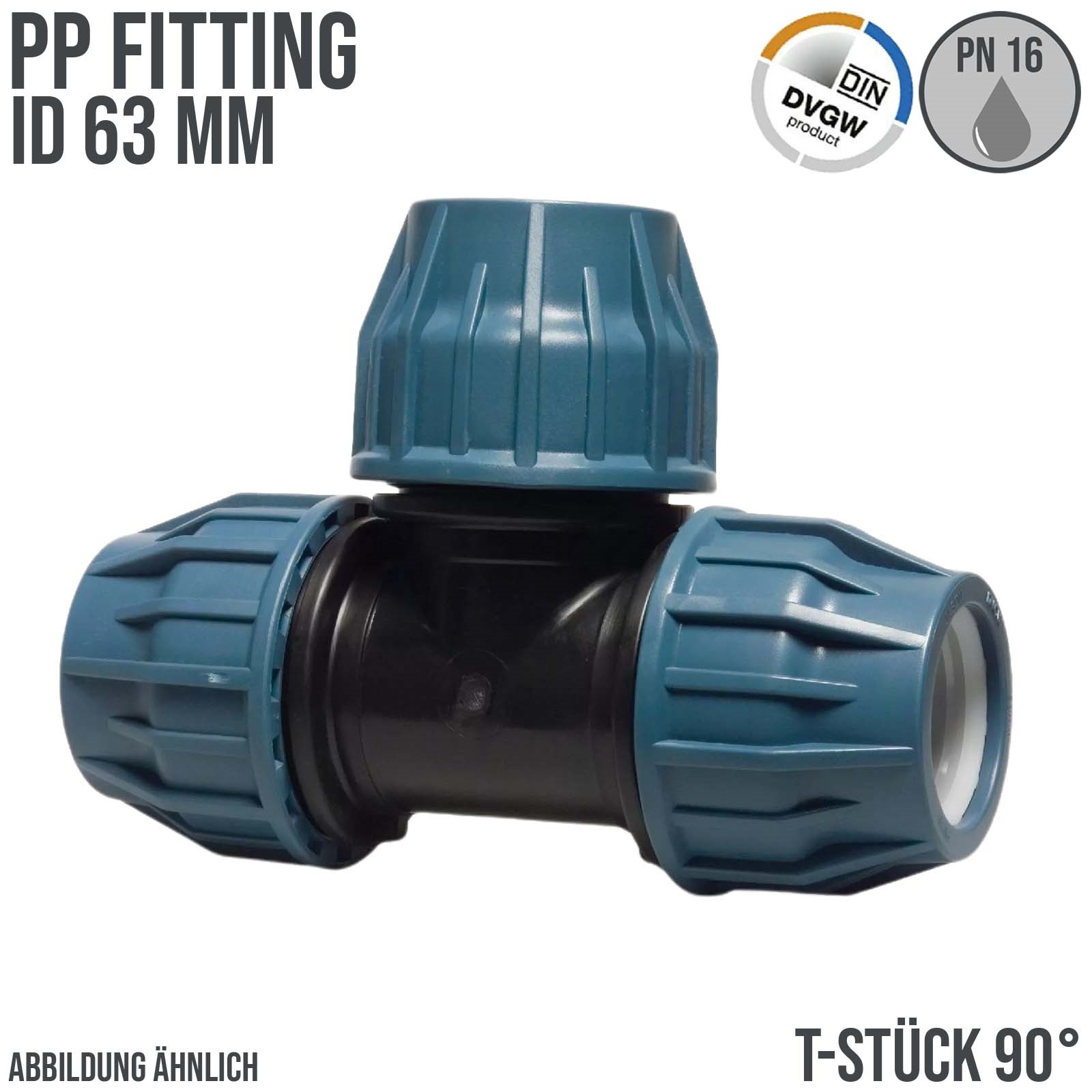 63 mm PE PP Fitting Klemm Verbinder Verschraubung Muffe Rohr T-Stück 90° DVGW - PN 16 bar