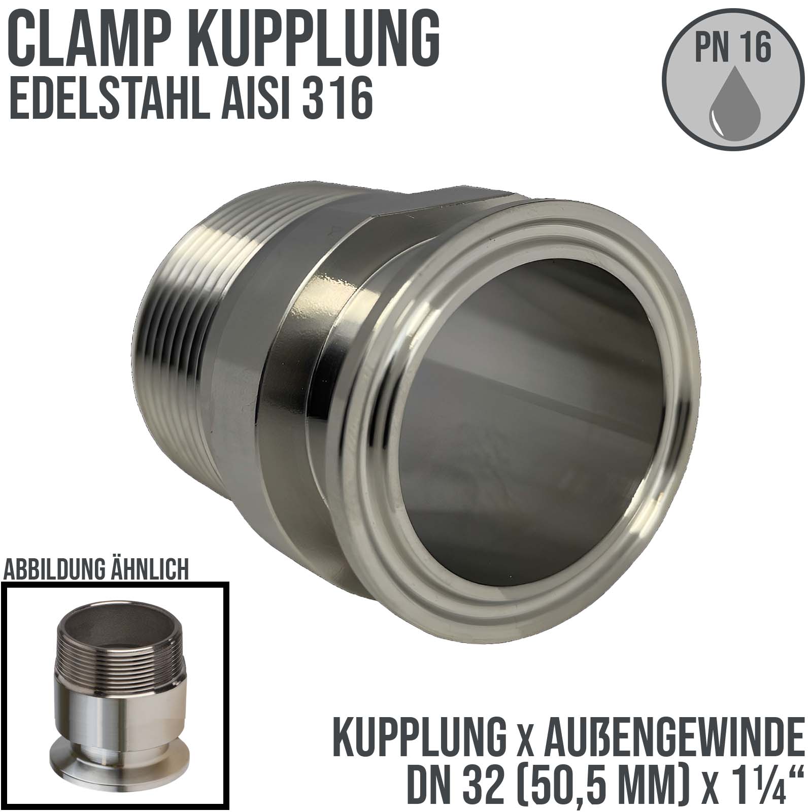 DN 32 CLAMP Kupplung 50,5 mm DIN 32676 Außengewinde AG 1 1/4" - PN 16 bar