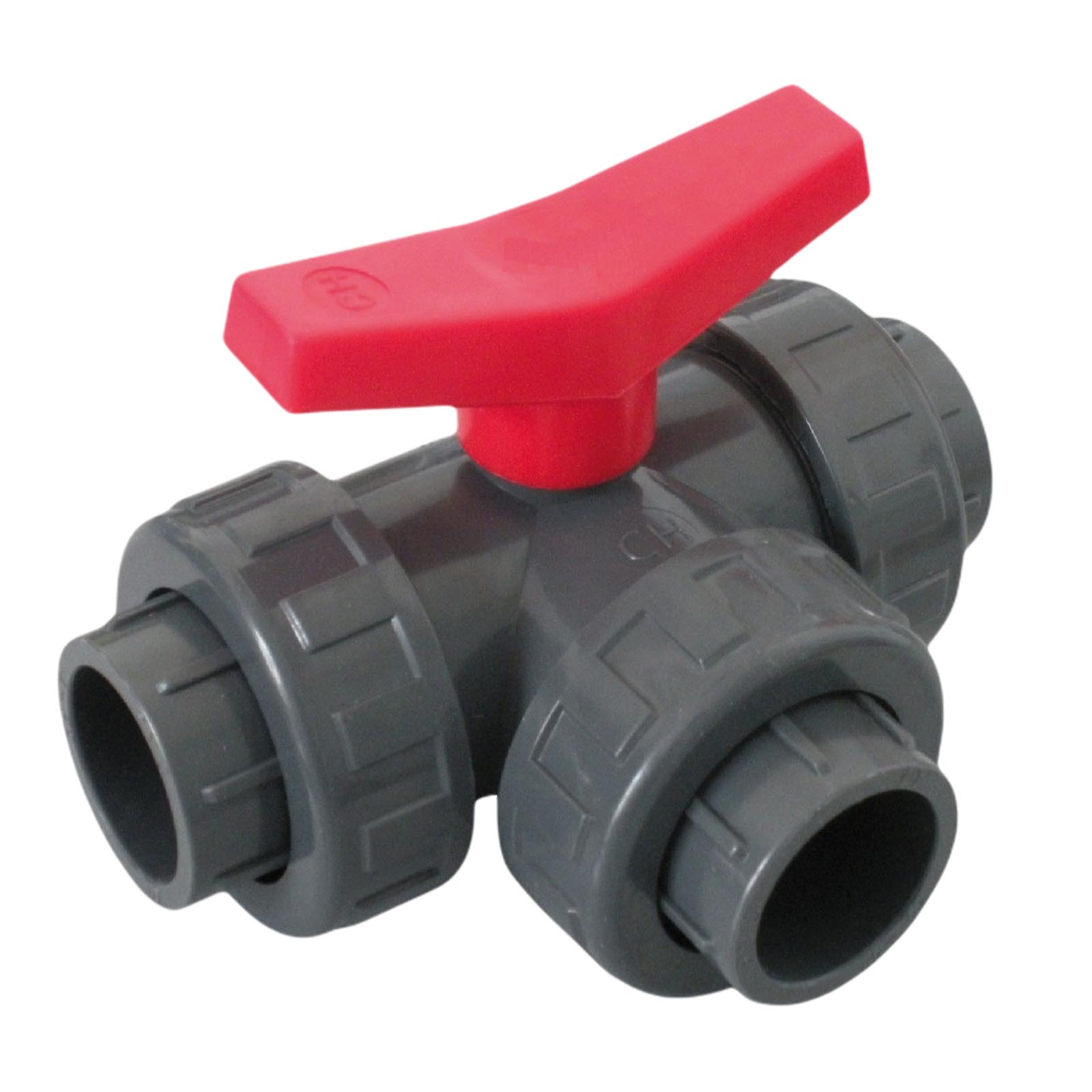 20 mm PVC Kugel Absperr Hahn Ventil L-Bohrung 3-fach Klebemuffe Fitting PN 10 bar - roter Griff