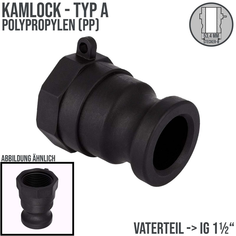 Kamlock Typ A - Vaterteil PP Polypropylen - 53,4 mm Stecker mit Innengewinde (IG) 1 1/2" Zoll DN 38  - PN 6 bar