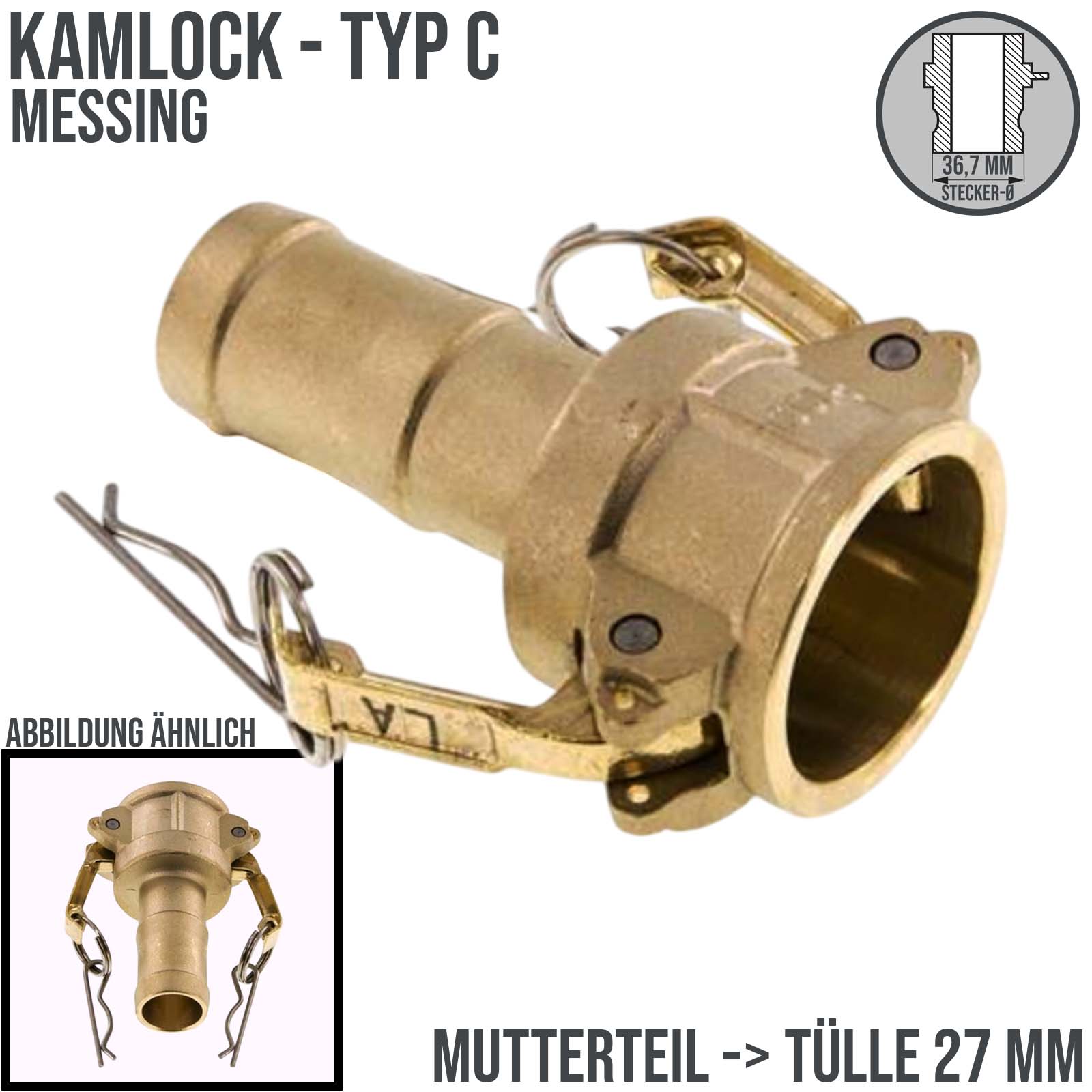 Kamlock Typ C - Mutterteil (36,7 mm) Messing MS -> Tülle 27 mm 1" Zoll DN25 - PN 17 bar