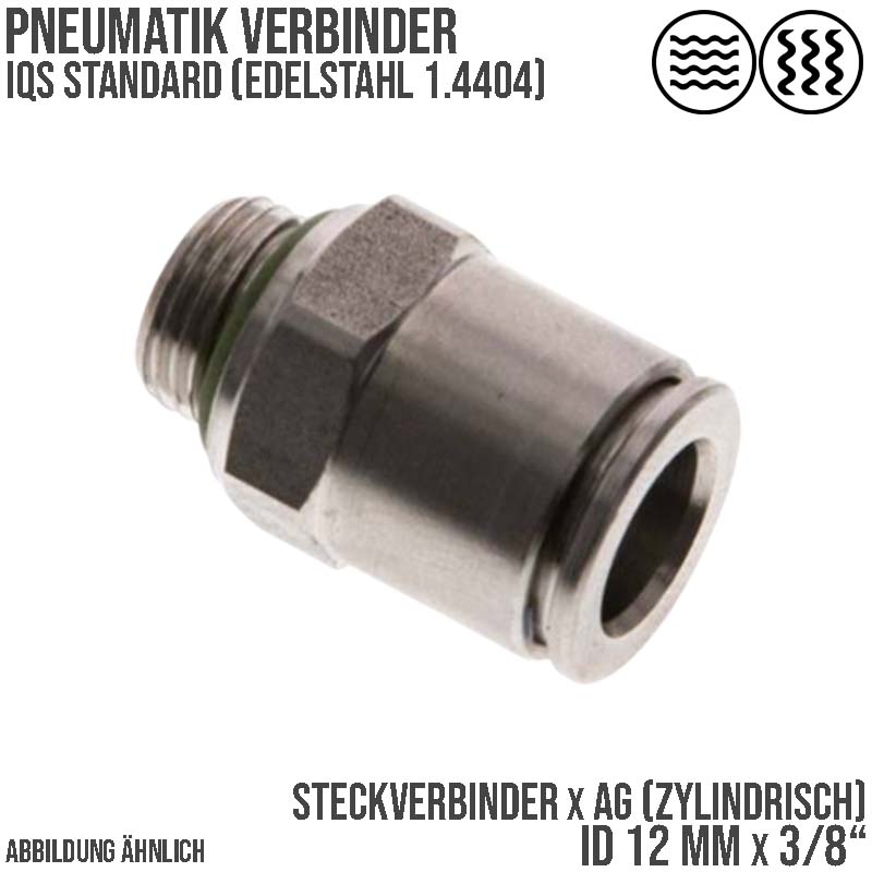 12 mm x 3/8" Pneumatik Schnell Steck Verbinder IQS Edelstahl VA 1.4404 Außengewinde zylindrisch - PN 15 bar