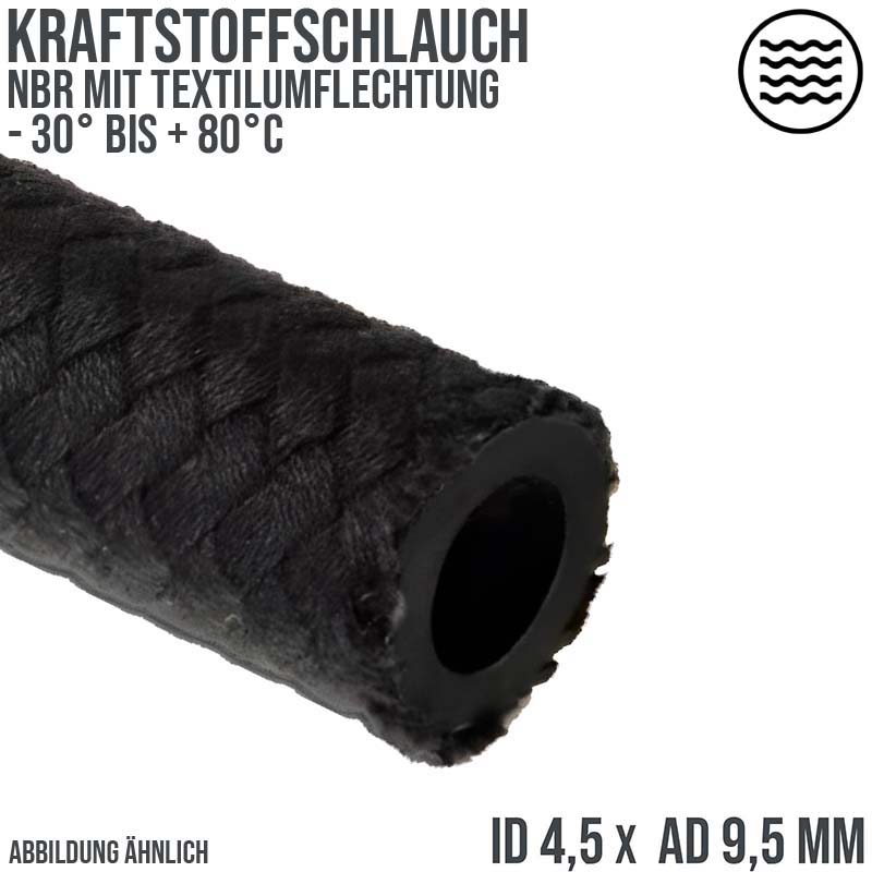 4,5 x 9,5 mm Kraftstoff Benzin Öl Schlauch Textilgeflecht NBR schwarz DIN 73379 - PN 7 bar