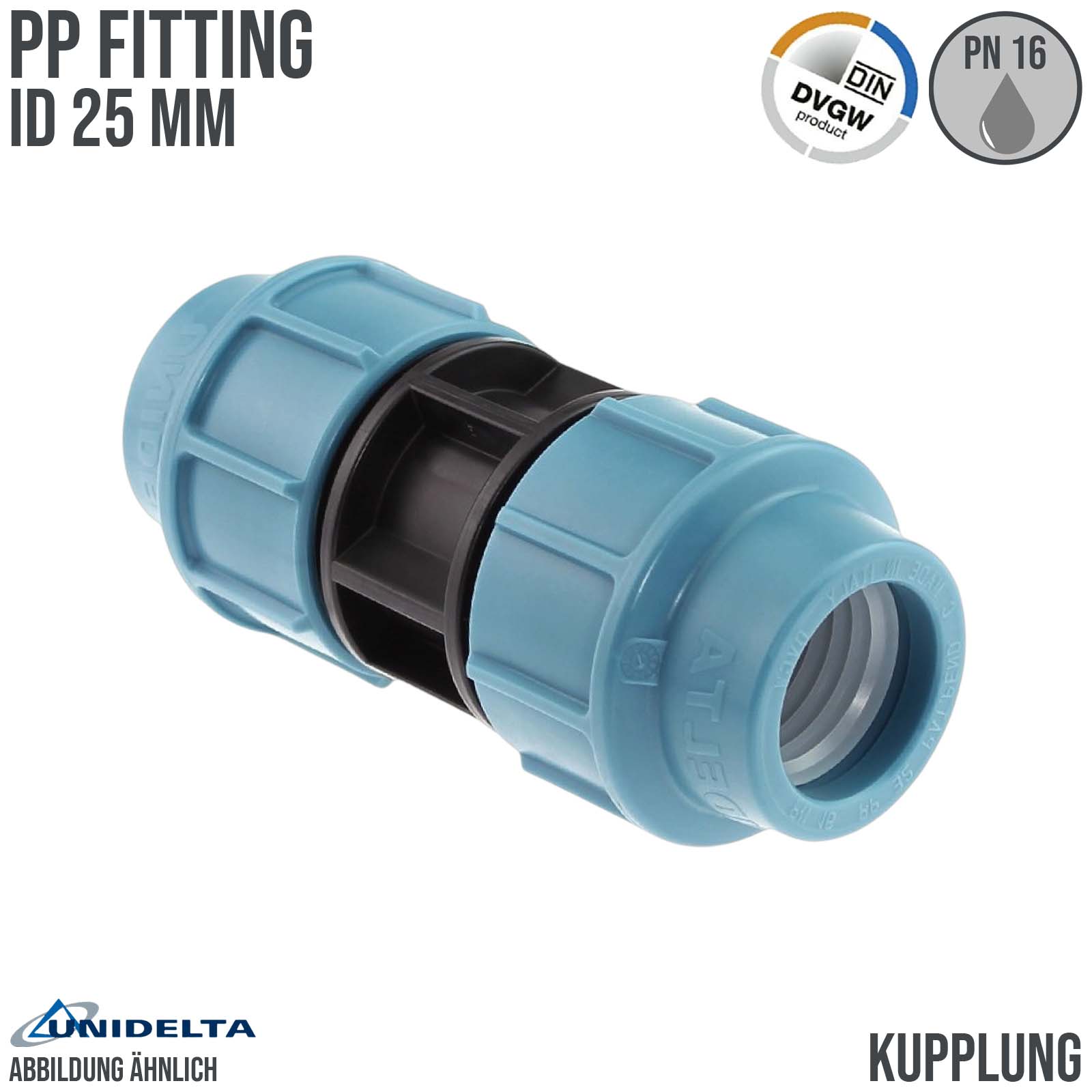 25 mm PE PP Fitting Klemm Verbinder Verschraubung Muffe Rohr Kupplung DVGW - Unidelta