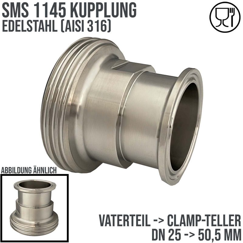 DN 25 SMS Kupplung 1145 Übergang Adapter Vaterteil Außengewinde -> Clamp Teller 50,5 mm - PN 25 bar