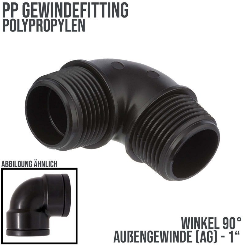 1 " PP Gewinde Fitting Winkel 90° schwarz Außen x Außengewinde AG Polypropylen - PN 10 bar