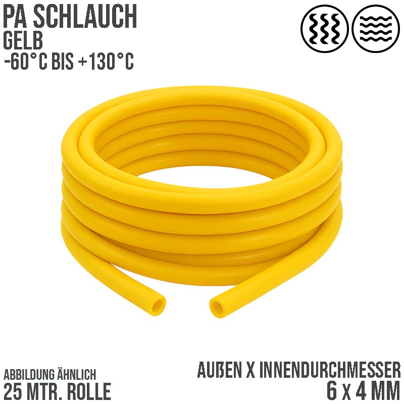 6 x 4 mm Polyamid PA Pneumatik Schlauch gelb - PN 27 bar - 25 m