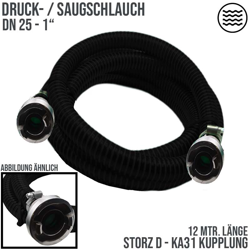 STORZ D DN25 KA31 - 25 mm 1" PVC Saug Ansaug Pumpen Spiral Schlauch PN 5 bar schwarz - 12 m Rolle
