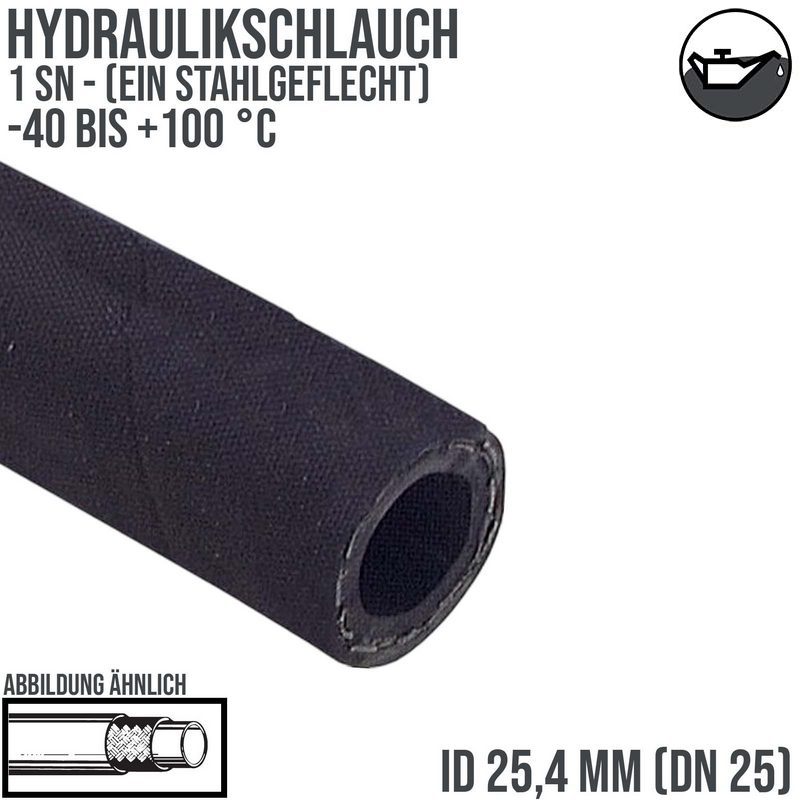 25,4 x 35,1 mm 1 SN DN 25 Hochdruck Hydraulik Wasser Kraftstoff Schlauch einfach Draht Einlage schwarz EN 853 - PN 90 bar