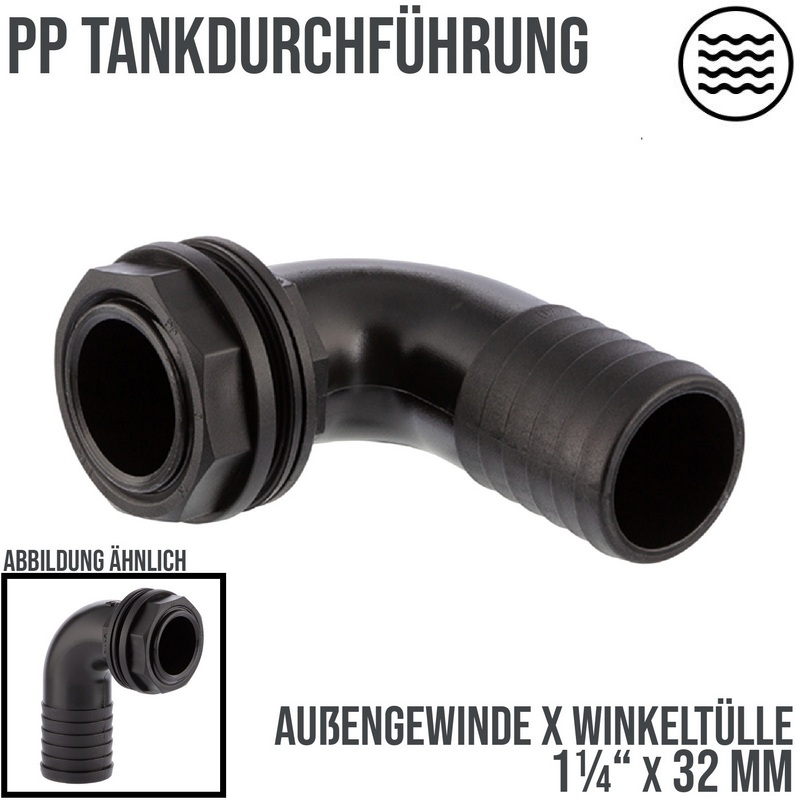 1 1/4" x 32 mm Tank Regentonne Durchführung Außengewinde x 90° Winkel Schlauch Tülle - PN 6 bar