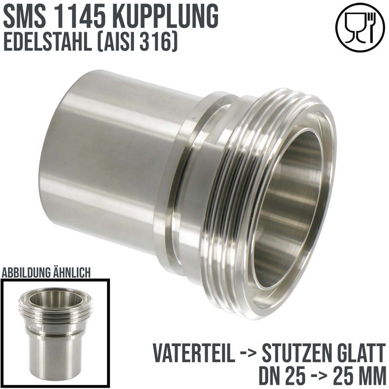 DN 25 SMS Kupplung 1145 Vaterteil VT Außengewinde Sicherungsbund - Stutzen glatt 25 mm - PN 25 bar