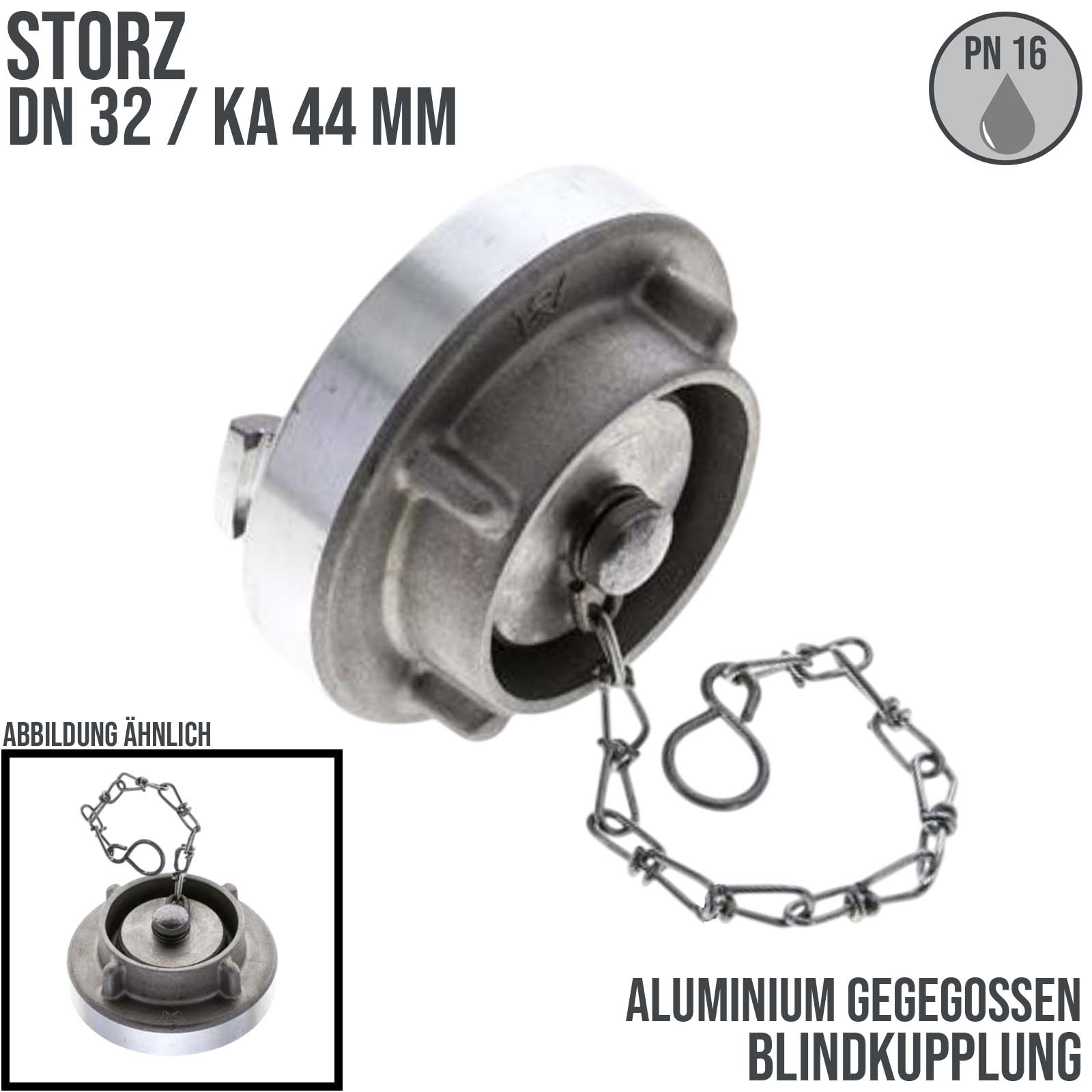 STORZ DN 32 KA 44 Blindkupplung mit Kette Saug Bau Feuerwehr Schlauch Aluminium - PN 16 bar