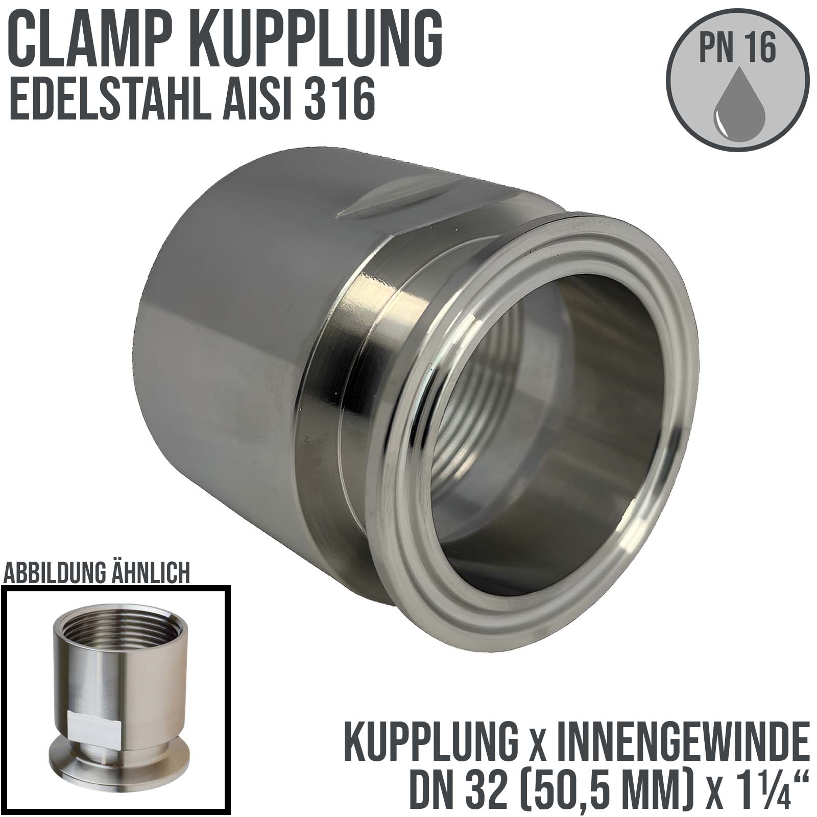 DN 32 CLAMP Kupplung 50,5 mm DIN 32676 Innengewinde IG 1 1/4" - PN 16 bar