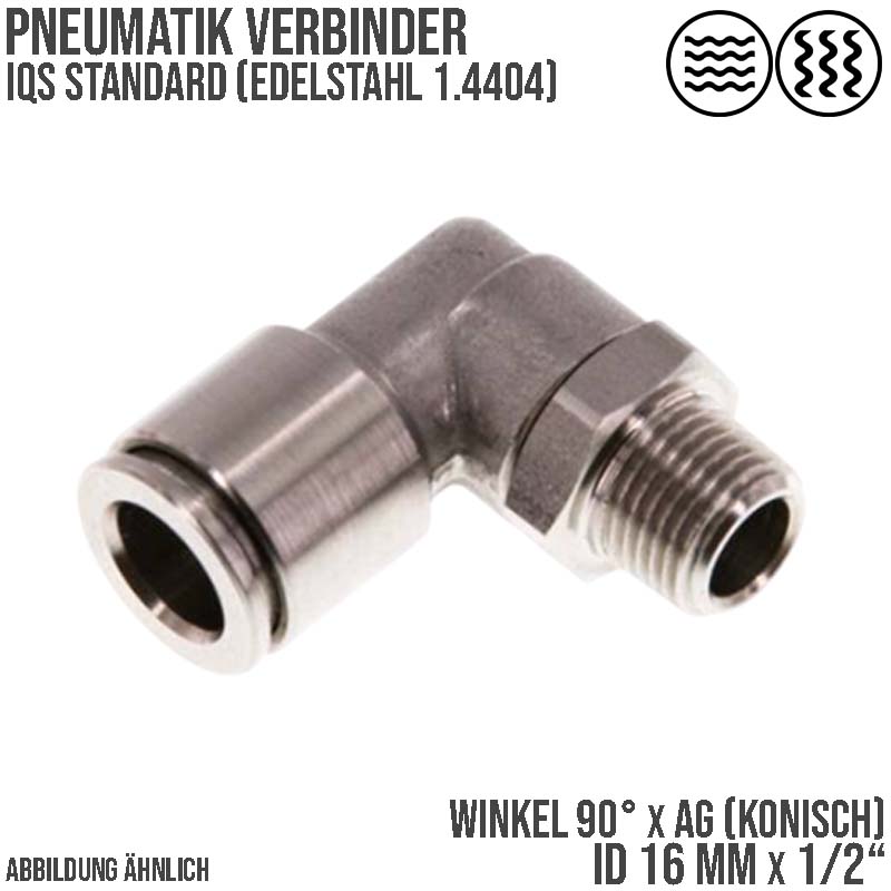 16 mm x 1/2" Pneumatik Steck Verbinder Winkel 90° eckig IQS Edelstahl VA 1.4404 Außengewinde konisch - PN 10 bar