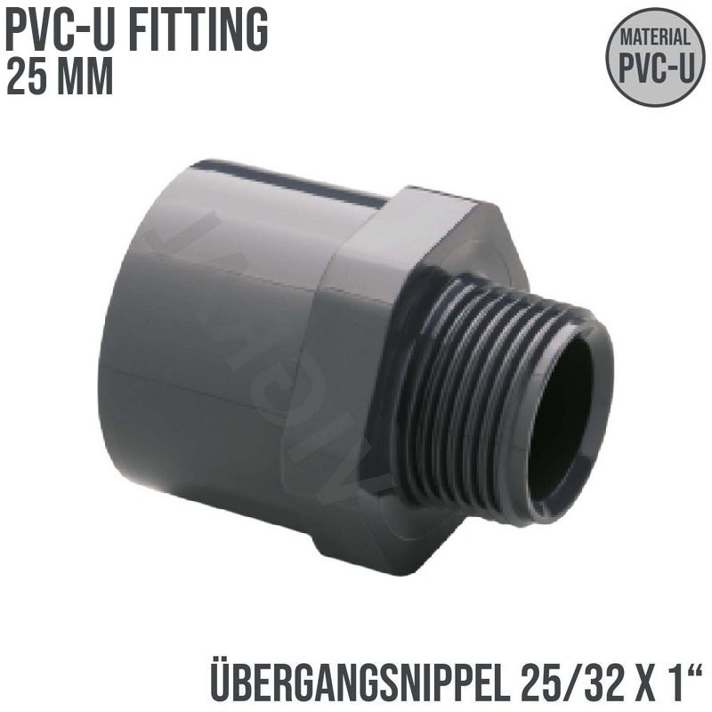 25 mm PVC Klebe Fitting Übergangsnippel Sechs-/Achtkant 25/32 mm x 1" Muffe Verbinder - PN 10 bar