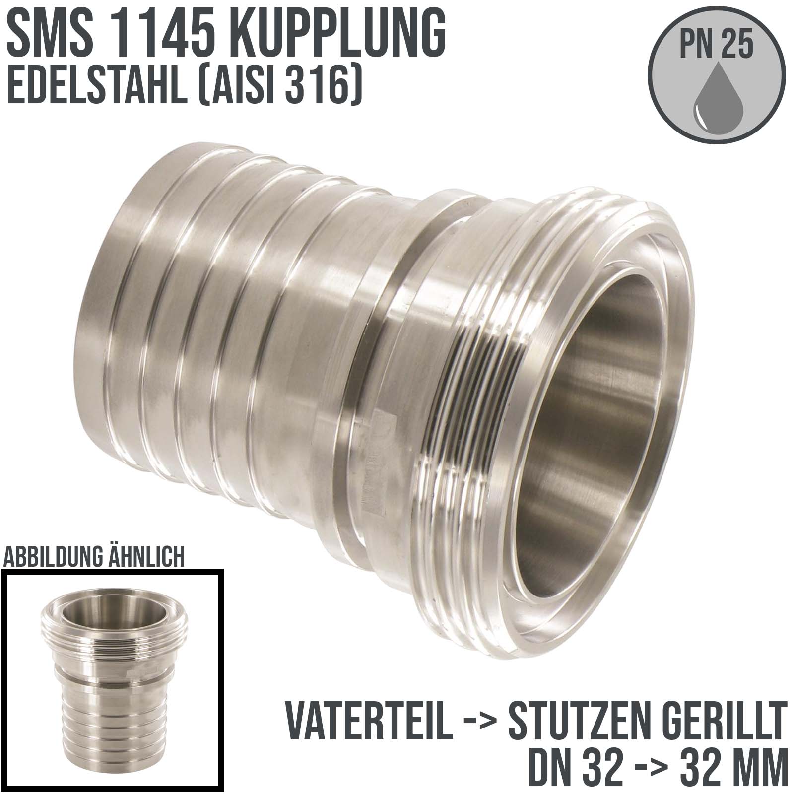 DN 32 SMS Kupplung 1145 Vaterteil VT Außengewinde Sicherungsbund - Stutzen gerillt 32 mm - PN 25 bar