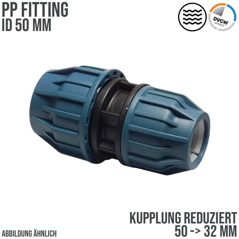 50 x 32 mm PE PP Fitting Klemm Verbinder reduziert Verschraubung Muffe Kupplung DVGW - PN 16 bar