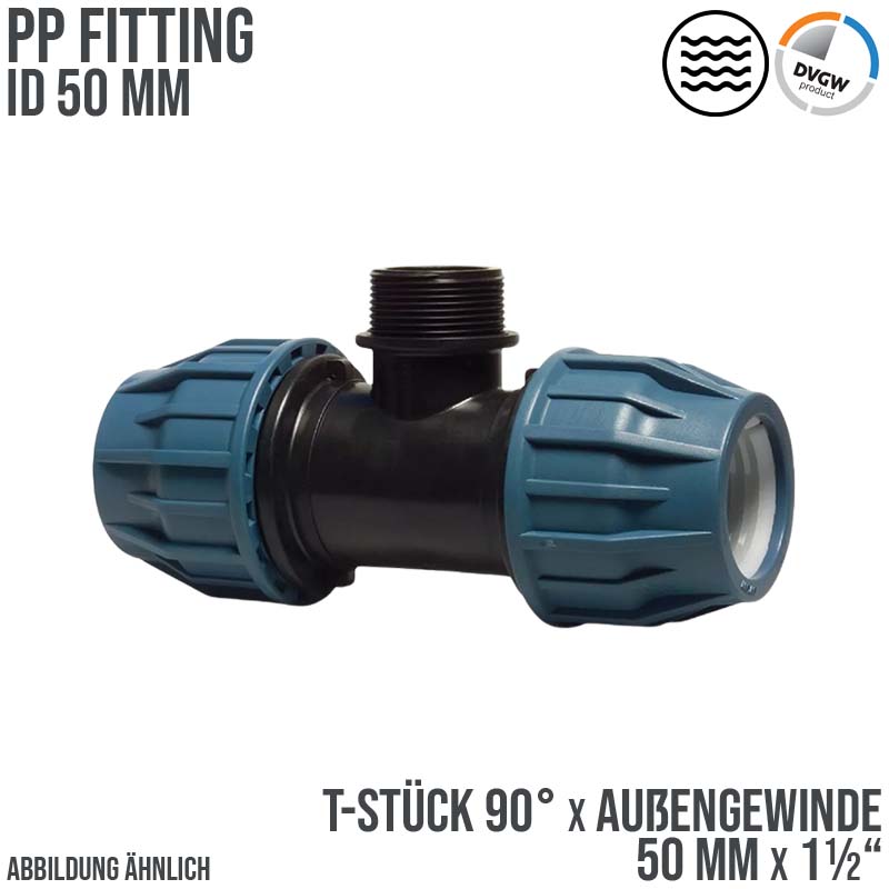 50 mm x 1 1/2" PE PP Fitting Klemm Verbinder Verschraubung Rohr T-Stück 90° x AG DVGW - PN 16 bar