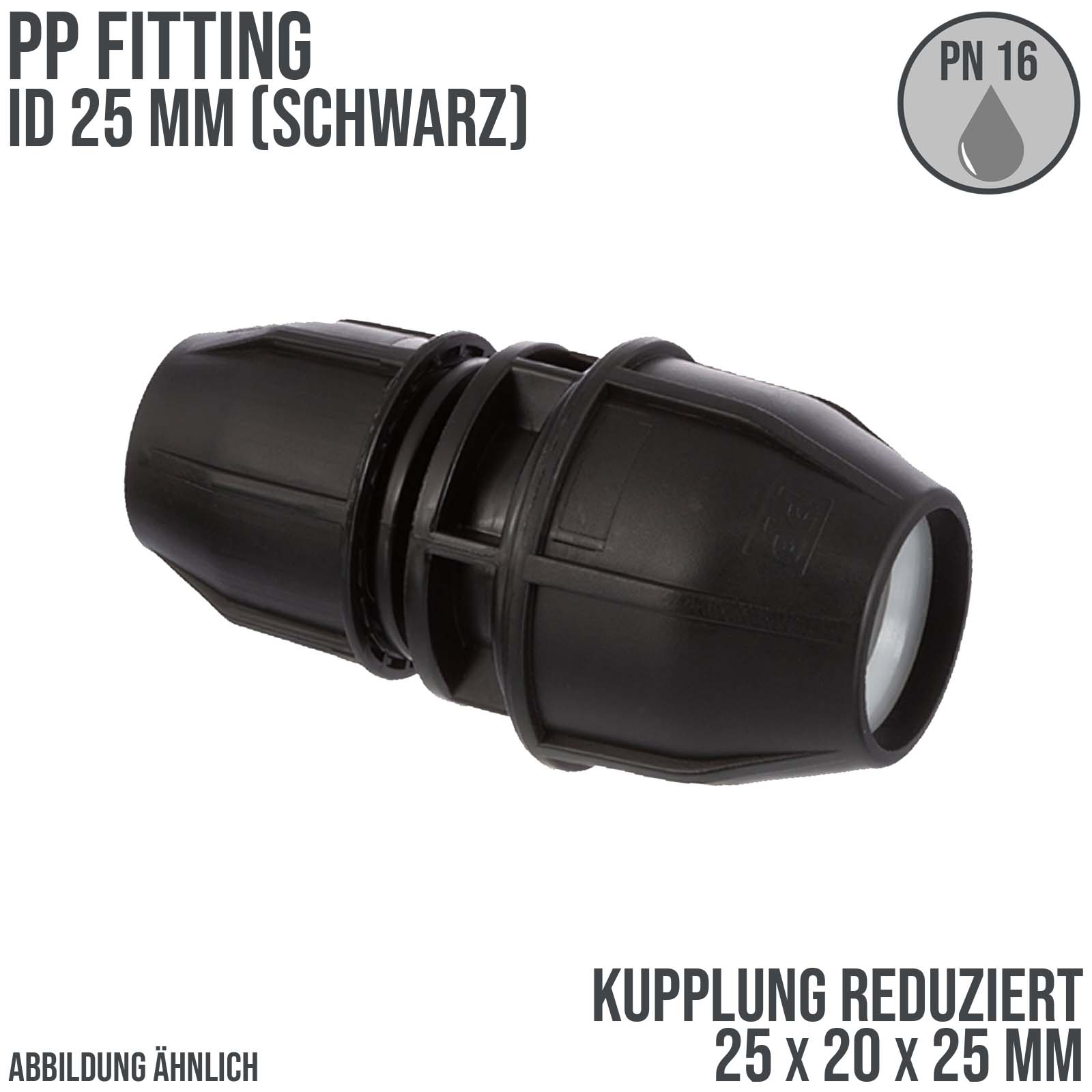 25 x 20 x 25 mm PE PP Fitting Klemm Verbinder Verschraubung Muffe reduziert T-Stück 90° schwarz - PN 16 bar