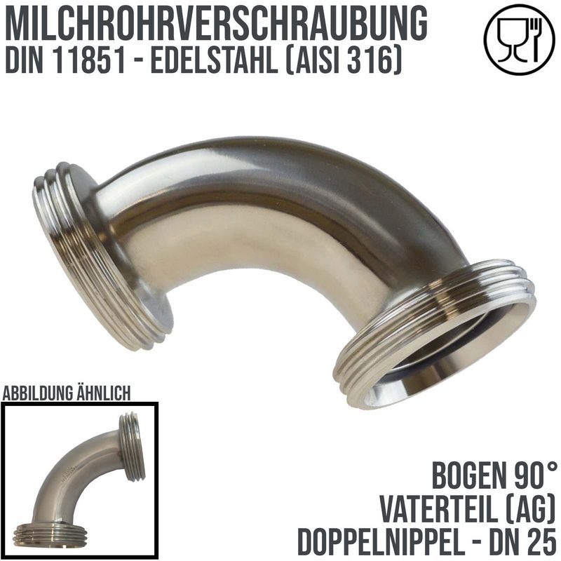 DN 25 Milchrohr Verschraubung DIN 11851 VT Vaterteil Stutzen 90° Bogen Außen x Außengewinde - PN 25 bar